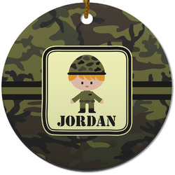 Green Camo Round Ceramic Ornament w/ Name or Text