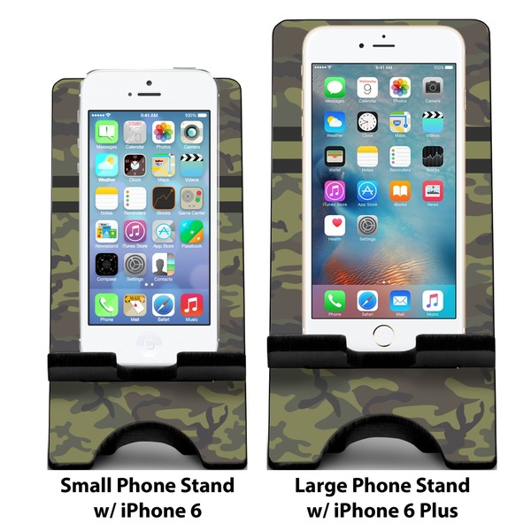 Green Camo Compare Phone Stand Sizes - with iPhones