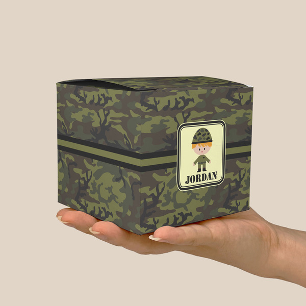 Green Camo Cube Favor Gift Box - On Hand - Scale View