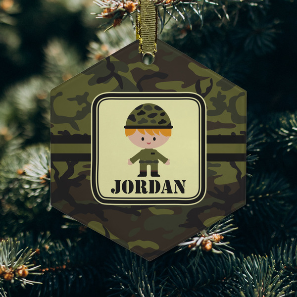 Green Camo Frosted Glass Ornament - Hexagon (Lifestyle)