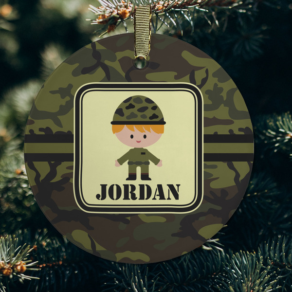Green Camo Frosted Glass Ornament - Round (Lifestyle)
