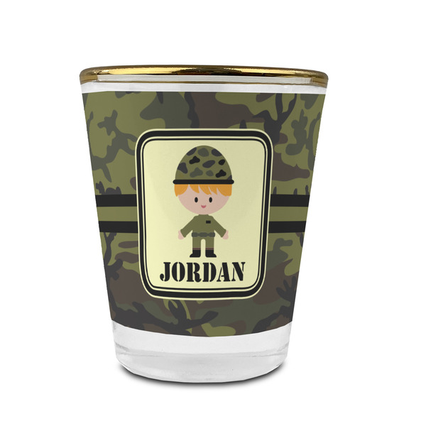 Custom Green Camo Glass Shot Glass - 1.5 oz - with Gold Rim - Set of 4 (Personalized)