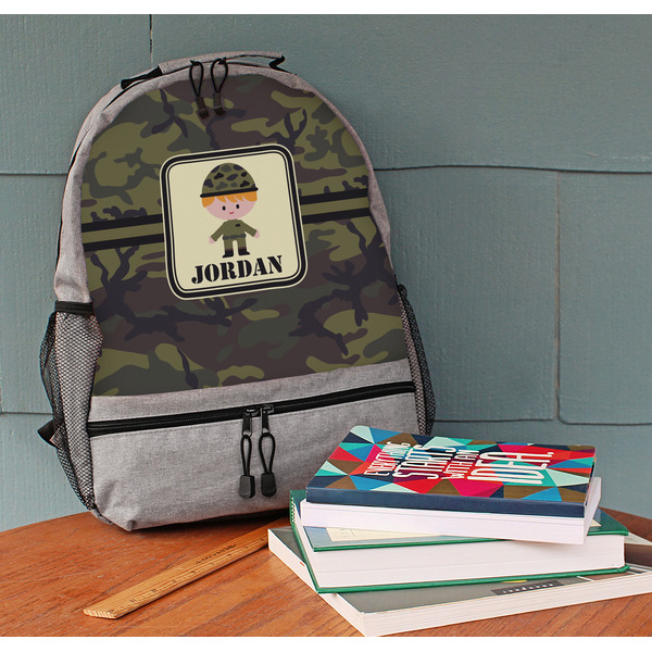 Green Camo Large Backpack - Gray - On Desk
