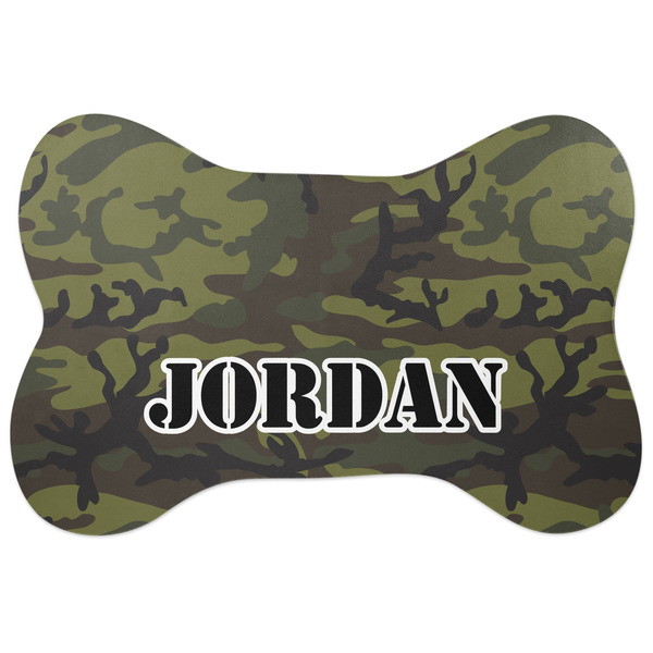 Custom Green Camo Bone Shaped Dog Food Mat (Large) (Personalized)