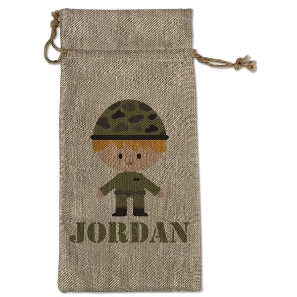 Custom Green Camo Large Burlap Gift Bag - Front (Personalized)