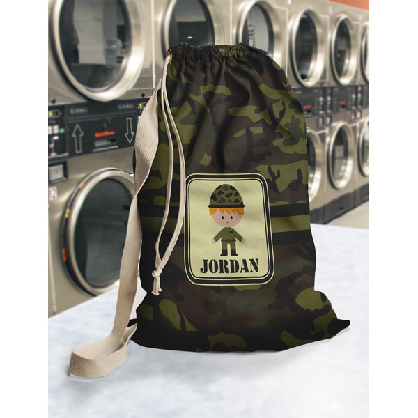 Green Camo Laundry Bag in Laundromat