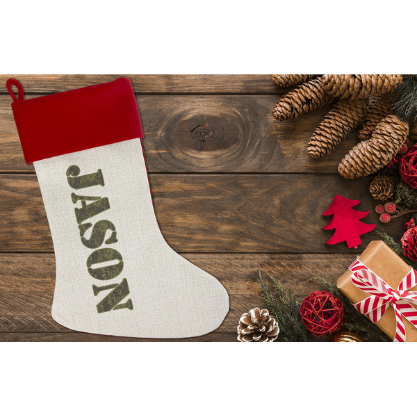 Green Camo Linen Stocking w/Red Cuff - Flat Lay (LIFESTYLE)