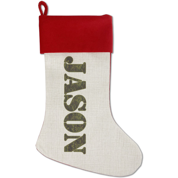 Custom Green Camo Red Linen Stocking (Personalized)