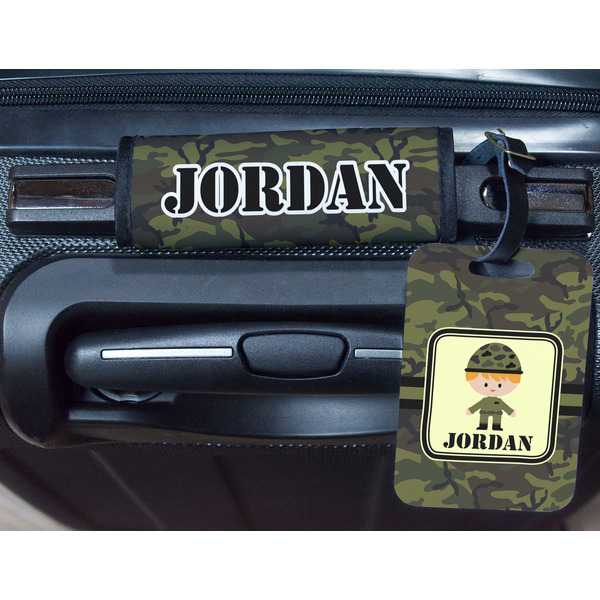 Green Camo Metal Luggage Tag & Handle Wrap - In Context