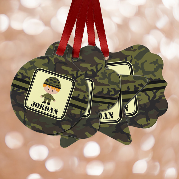 Custom Green Camo Metal Ornaments - Double Sided w/ Name or Text