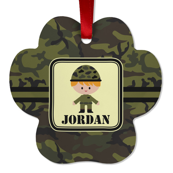 Custom Green Camo Metal Paw Ornament - Double Sided w/ Name or Text