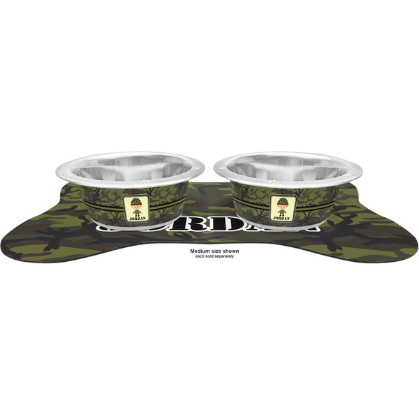 Green Camo Metal Pet Bowls - On Dog Bone Shaped Mat