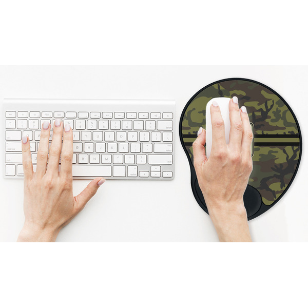 Green Camo Mouse Pad with Wrist Rest - LIFESYTLE 2 (in use)