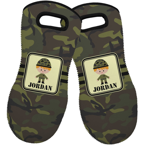 Custom Green Camo Neoprene Oven Mitts - Set of 2 w/ Name or Text