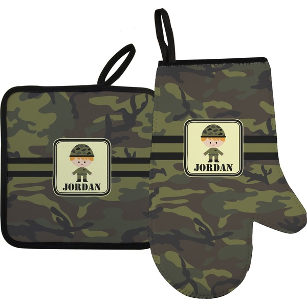 Custom Green Camo Oven Mitt & Pot Holder Set w/ Name or Text