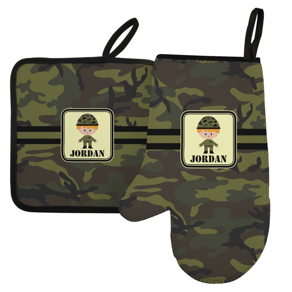 Custom Green Camo Left Oven Mitt & Pot Holder Set w/ Name or Text