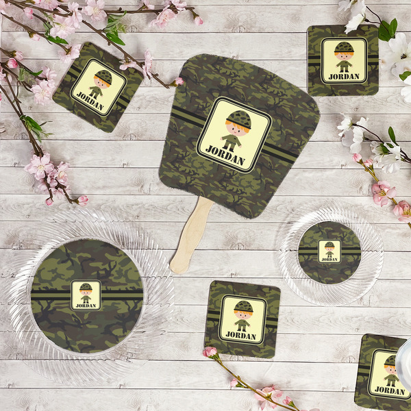 Green Camo Party Supplies Combination Image - All items - Plates, Coasters, Fans