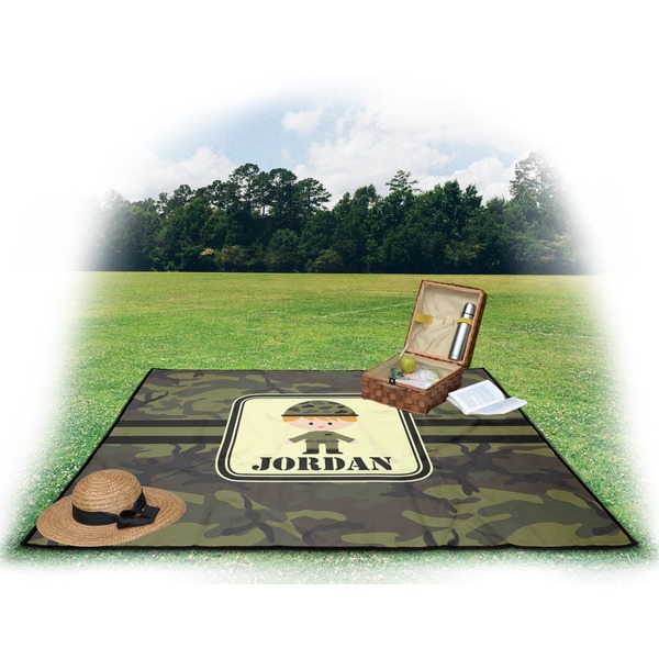 Green Camo Picnic Blanket - with Basket Hat and Book - in Use