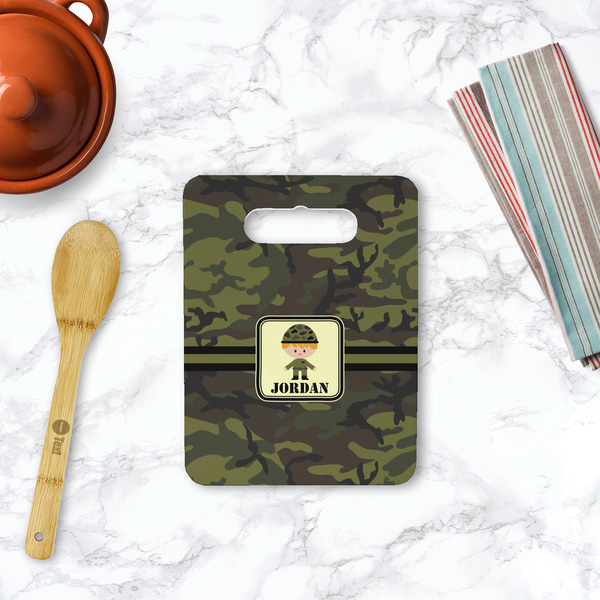 Green Camo Rectangle Trivet with Handle - LIFESTYLE
