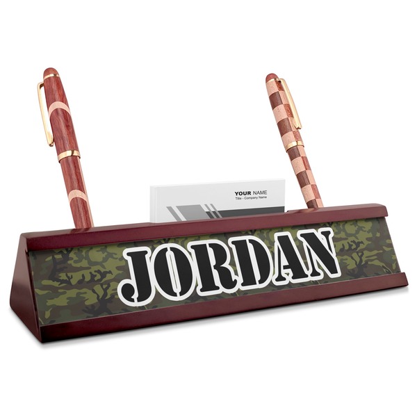 Custom Green Camo Red Mahogany Nameplate with Business Card Holder (Personalized)