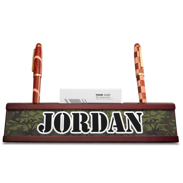 Green Camo Red Mahogany Nameplates with Business Card Holder - Straight