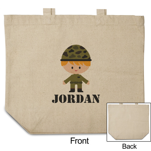 Green Camo Reusable Cotton Grocery Bag - Front & Back View