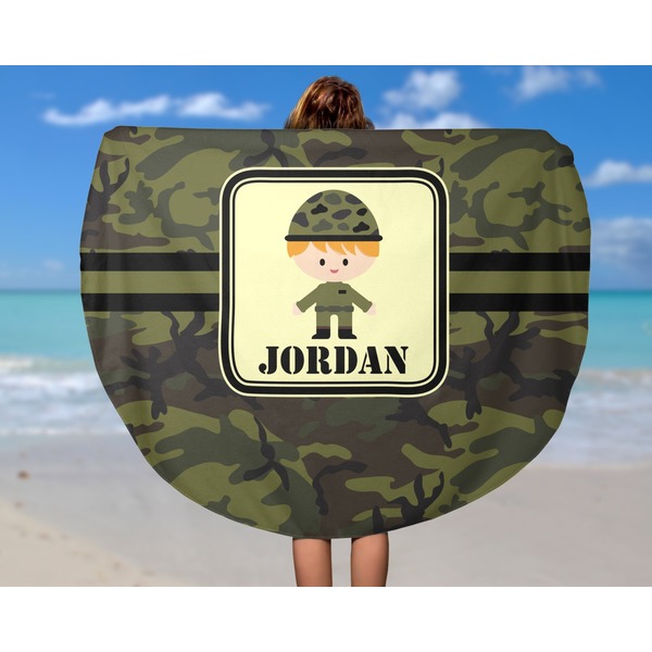Green Camo Round Beach Towel - In Use