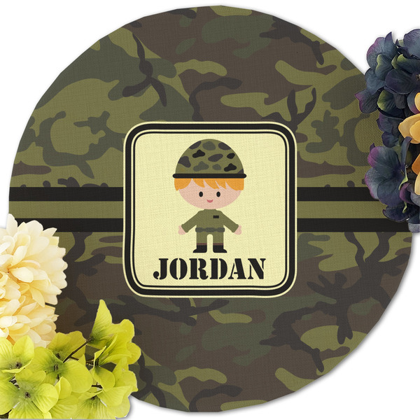 Green Camo Round Linen Placemats - Front (w flowers)