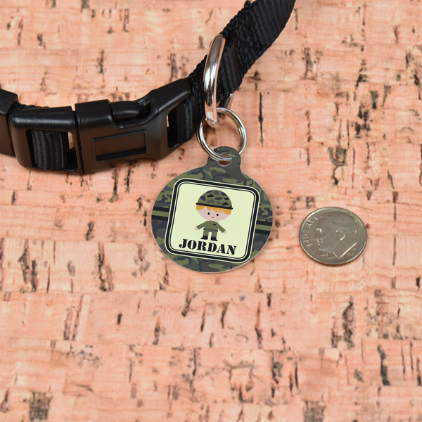 Green Camo Round Pet ID Tag - Small - In Context