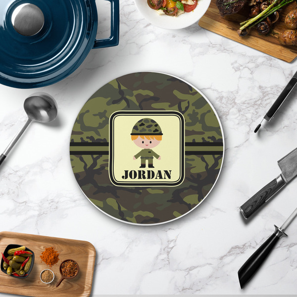 Green Camo Round Stone Trivet - In Context View