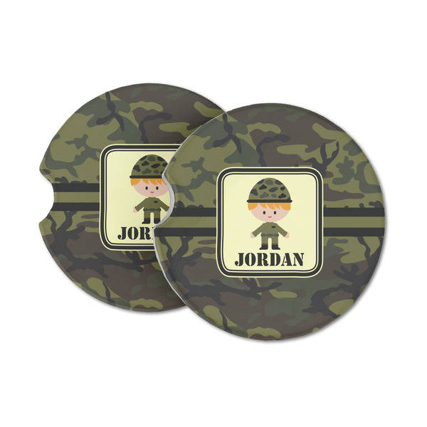 Custom Green Camo Sandstone Car Coasters - Set of 2 (Personalized)
