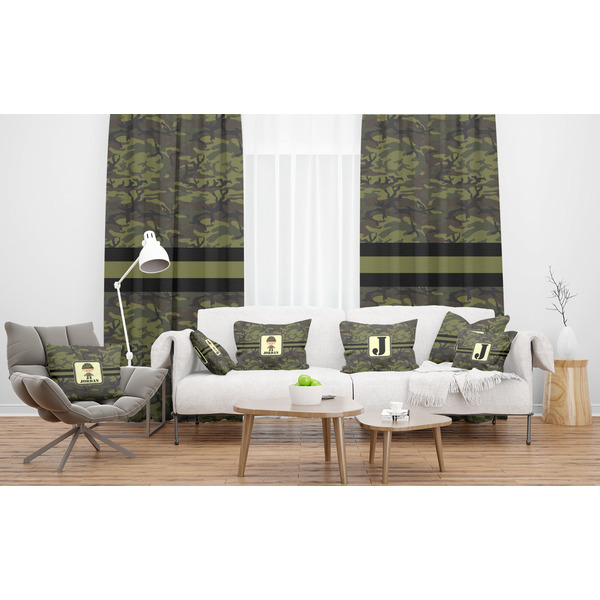 Green Camo Sheer and Custom Curtains in Room with Matching Pillows