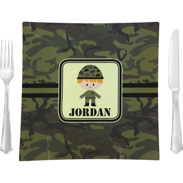 Custom Green Camo 9.5" Glass Square Lunch / Dinner Plate- Single or Set of 4 (Personalized)