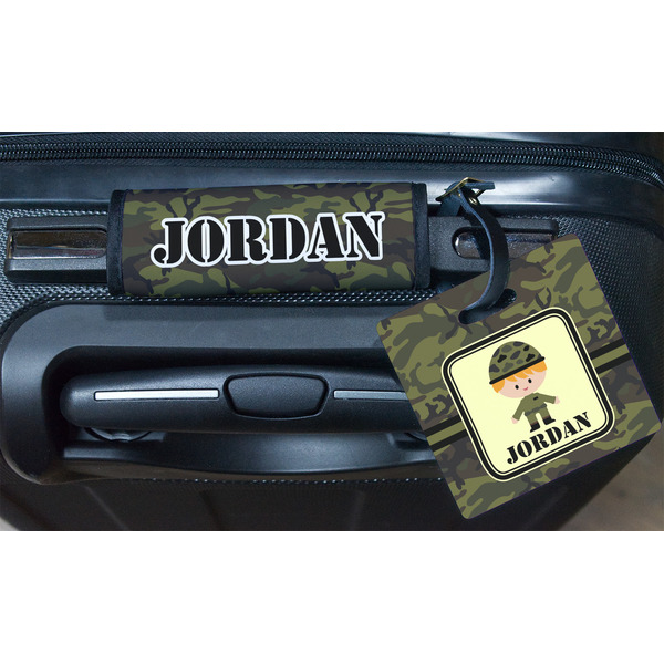 Green Camo Square Luggage Tag & Handle Wrap - In Context