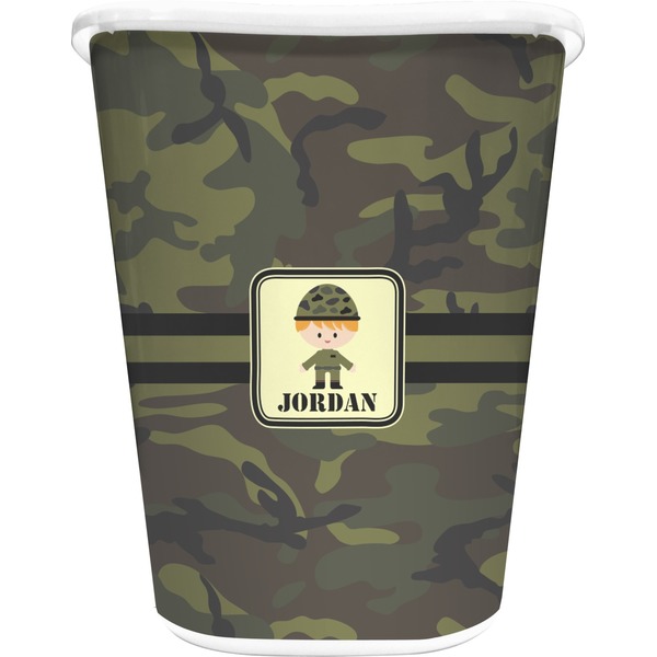 Custom Green Camo Waste Basket - Double Sided (White) (Personalized)
