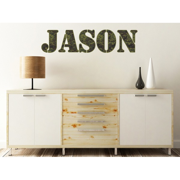 Green Camo Wall Name Decal On Wooden Desk