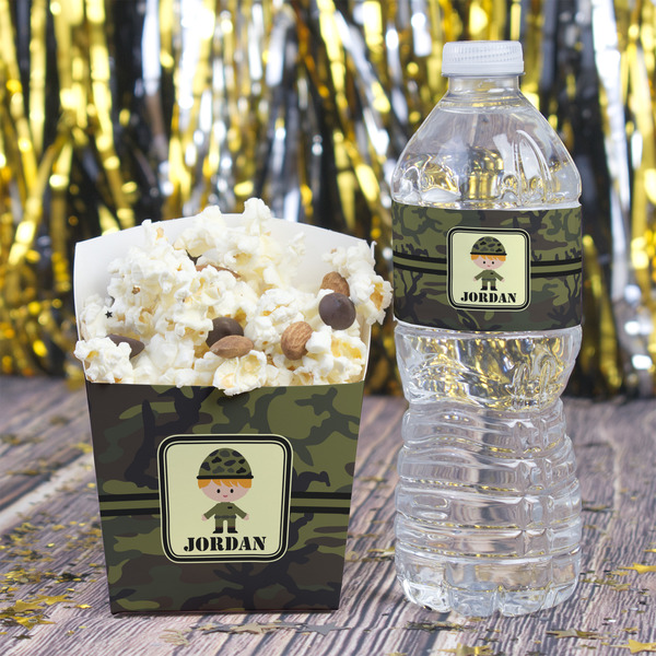 Green Camo Water Bottle Label - w/ Favor Box