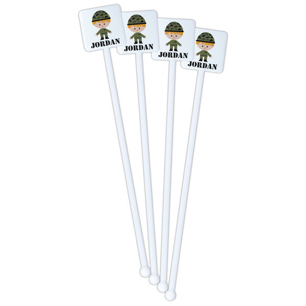 Green Camo White Plastic Stir Stick - Double Sided - Square - Front