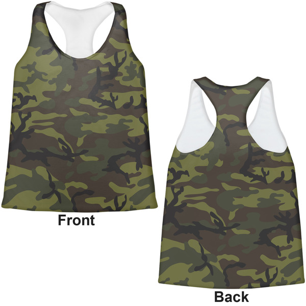 Green Camo Womens Racerback Tank Tops - Medium - Front and Back