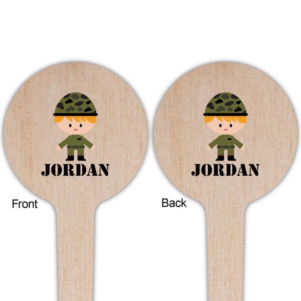 Green Camo Wooden 4" Food Pick - Round - Double Sided - Front & Back