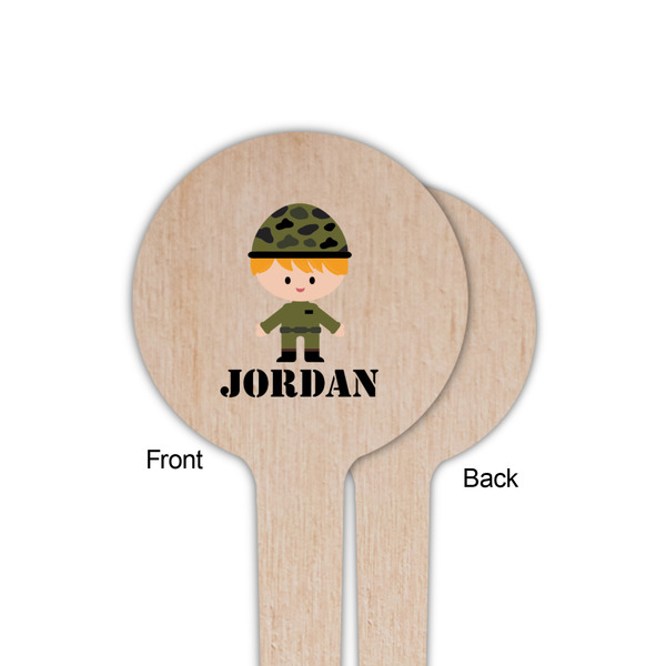 Green Camo Wooden 4" Food Pick - Round - Single Sided - Front & Back
