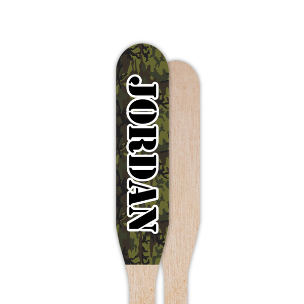 Green Camo Wooden Food Pick - Paddle - Single Sided - Front & Back