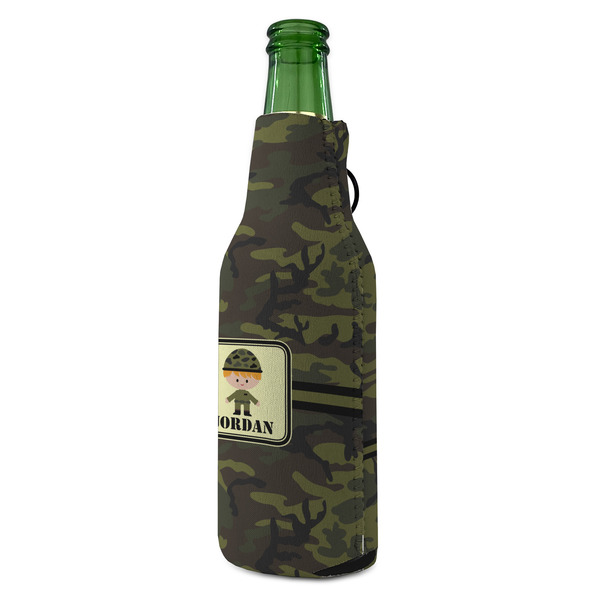Green Camo Zipper Bottle Cooler - ANGLE (bottle)