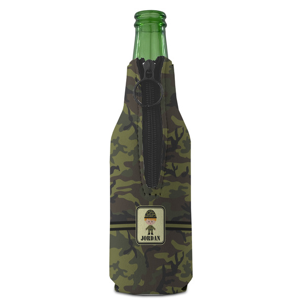 Green Camo Zipper Bottle Cooler - BACK (bottle)