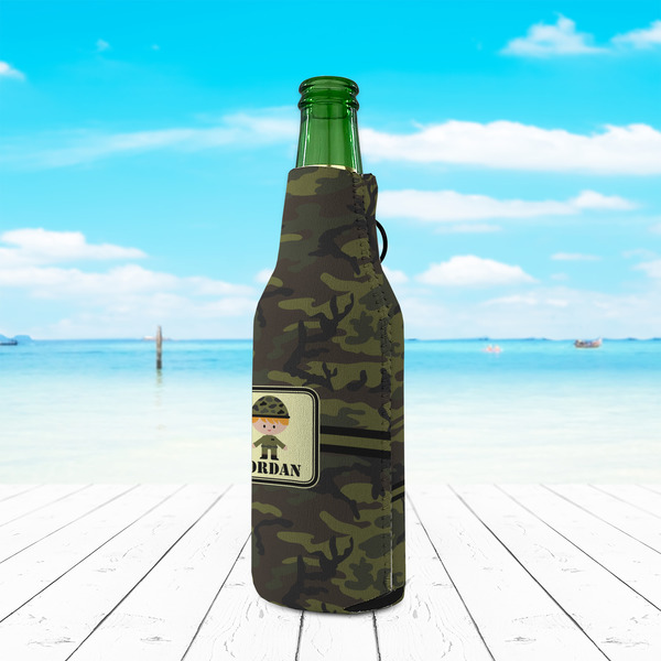 Green Camo Zipper Bottle Cooler - LIFESTYLE