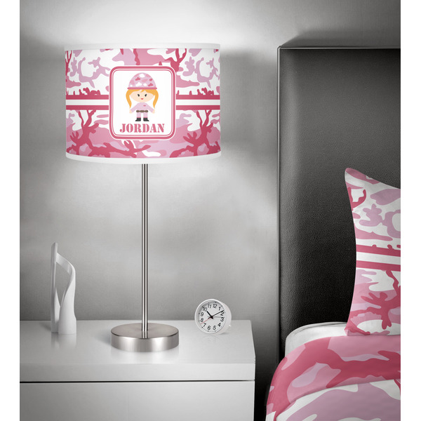 Pink Camo 13 inch drum lamp shade - in room
