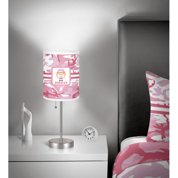 Pink Camo 7 inch drum lamp shade - in room
