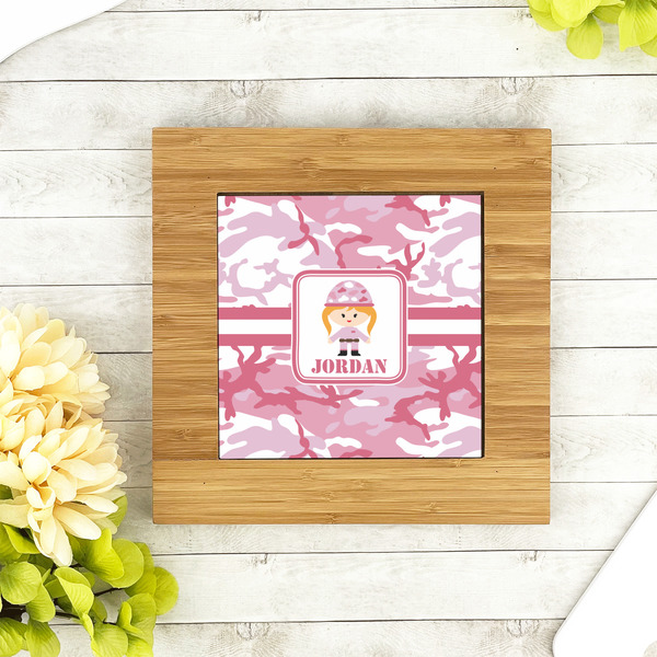 Pink Camo Bamboo Trivet with 6" Tile - LIFESTYLE