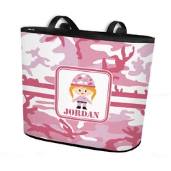 Pink Camo Bucket Tote w/ Genuine Leather Trim - Large w/ Front & Back Design (Personalized)