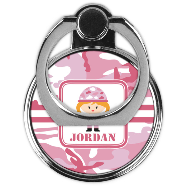 Pink Camo Cell Phone Ring Stand & Holder - Front (Collapsed)